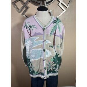Cardigan button up sweater‎ summer beach lake pond theme size Medium